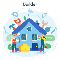 House building concept. Workers constructing home with tools