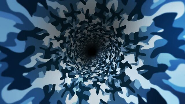 Blue camouflage pattern background. Military uniform concept. Abstract line and wave texture. Loop animation.