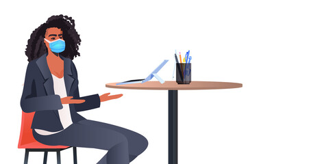 Fototapeta premium african american businesswoman mask sitting at table and using laptop coronavirus quarantine self isolation concept horizontal portrait vector illustration
