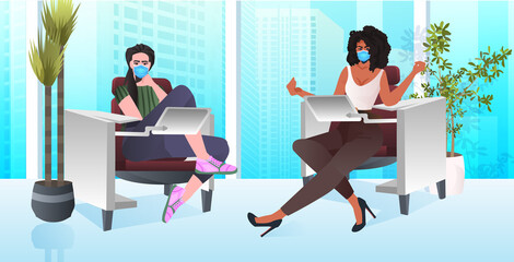 mix race businesswomen in masks working together in coworking center coronavirus pandemic teamwork concept modern office interior horizontal full length vector illustration