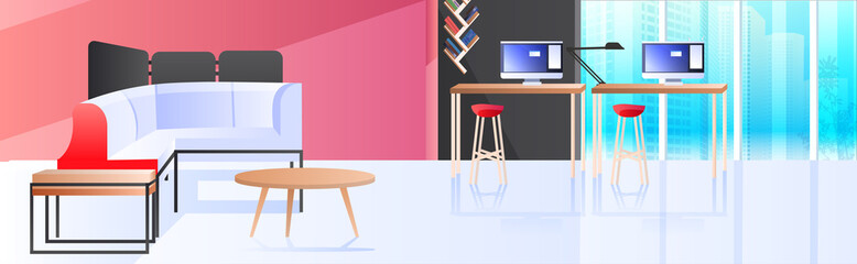 modern cabinet interior creative coworking center no people open space office room with furniture horizontal vector illustration