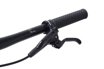 Handlebar of a mountain bike with brake lever and  a grip isolated
