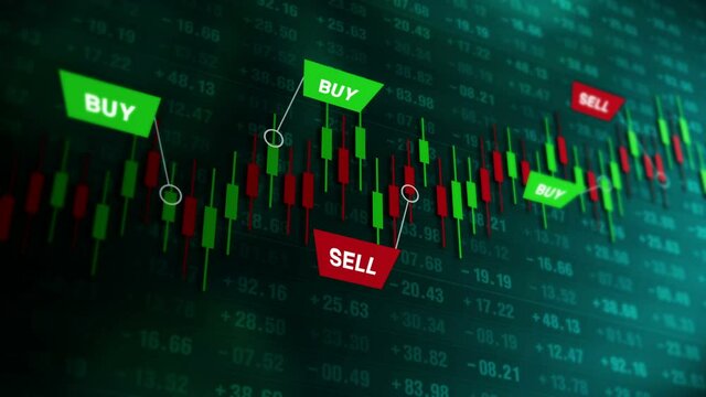Buy and sell signals for forex trade on candle stick graph. Stock market. Finance. Business success and growth concept. Loop animation.