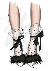 Female legs in stylish shoes with heels and lace socks. Fashion and style, clothing and accessories. Footwear. Vector illustration for a postcard or a poster, print for clothes. Vintage and retro. - 410024189
