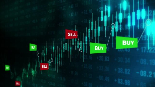 Buy and sell signals for forex trade on candle stick graph. Stock market. Finance. Business success and growth concept. Loop animation.