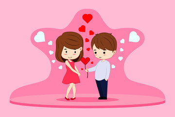 valentine day two chibi cute kawaii person in love girls in pink dress with a heart