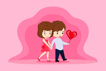 valentine day two chibi cute kawaii person in love girls in pink dress with a heart