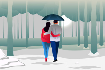 valentine day two person in love under umbrella snowfall flat illustration clip art