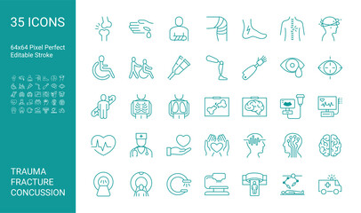 Obraz na płótnie Canvas Set of icons of trauma, fracture, concussion. Editable vector stroke. 64x64 Pixel Perfect.