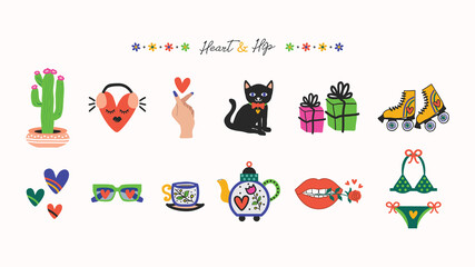 Cute cool colorful hand drawn heart and hip icons set design elements on white background