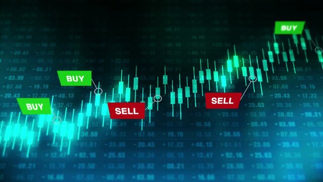 Buy and sell signals for forex trade on candle stick graph. Stock market. Finance. Business success and growth concept. Loop animation.