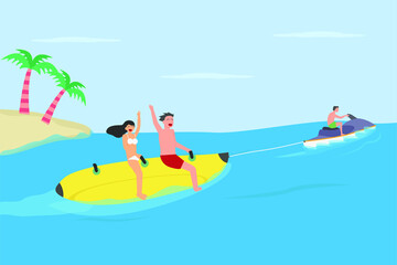 Obraz na płótnie Canvas Summer holiday vector concept: Young couple having fun on banana boat while enjoying leisure time together