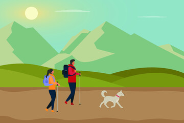 Hiking vector concept: Young couple hiking together in the mountain while carrying backpack and dog 