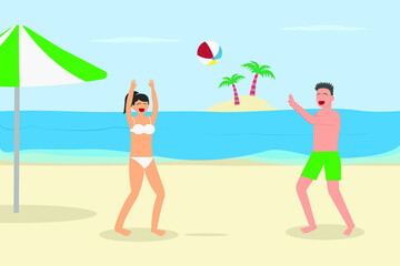Obraz na płótnie Canvas Summer holiday vector concept: Young couple playing volley ball in the beach while enjoying leisure time together