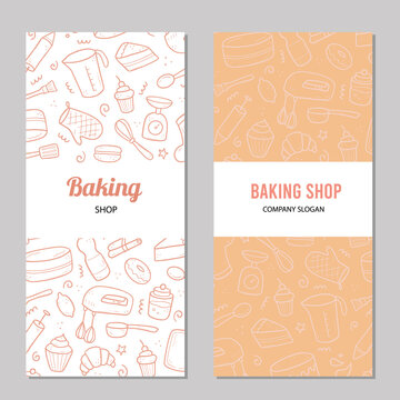 Hand drawn template with baking and cooking tools, mixer, cake, spoon, cupcake, scale. Doodle sketch style. Illustration for baking shop, bakery business card design.