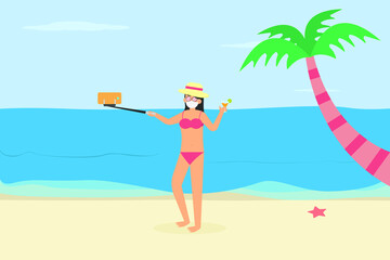 Summer holiday vector concept: Young woman taking selfie photo with smart phone while enjoying holiday in the beach