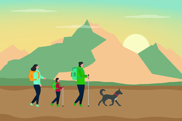 Hiking vector concept: Little boy and young parents hiking together while carrying backpack