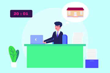 Businessman cartoon character working overtime at night in the office while thinking home