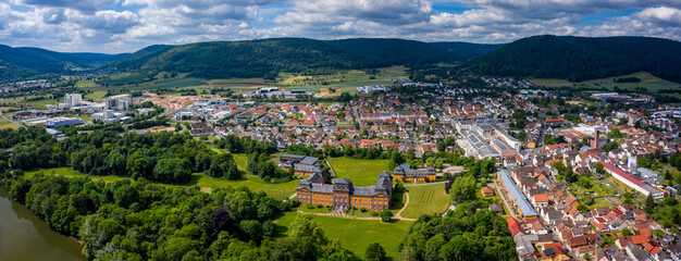 Aeriel view of the city Kleinheubach in Bavaria on a cloudy day in spring.	