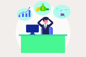 Businessman cartoon character thinking and daydreaming about profit, savings, and traveling