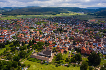 Aeriel view of the city Kleinheubach in Bavaria on a cloudy day in spring.	