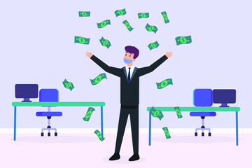 Success vector concept: Young businessman wearing face mask while standing in the office with falling much money