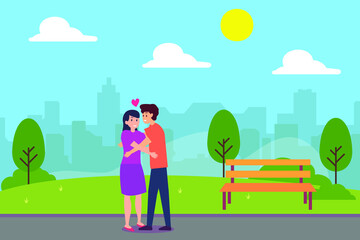 Hugging vector concept: Young couple hugging each other while standing in the park together