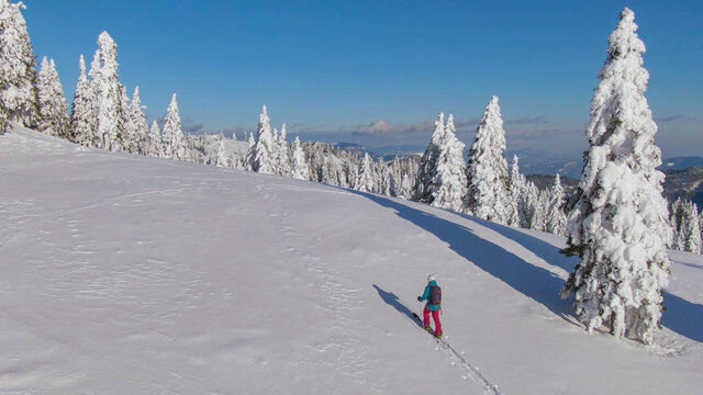 COPY SPACE: Female traveler ski touring in Slovenia hikes up empty snowy hill.