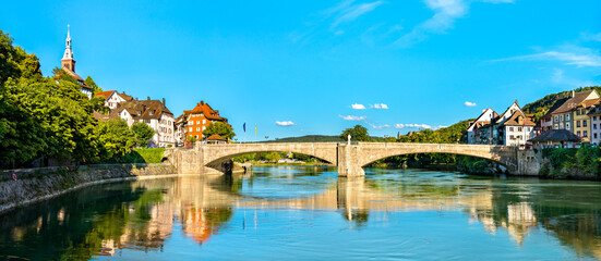 Fototapeta na wymiar Bridge of Laufen across the Rhine River in Laufenburg, Switzerland and Germany
