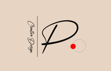 P alphabet logo letter for business. Elegant creative font for corporate identity and lettering. Company branding icon with red dot and handwritten design