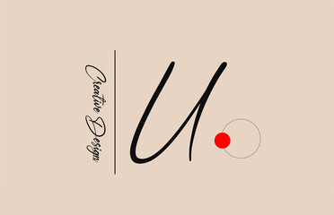 U alphabet logo letter for business. Elegant creative font for corporate identity and lettering. Company branding icon with red dot and handwritten design