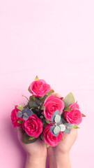 Hand holding red rose flower bouquet on pink background, Valentine day