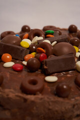 chocolate cake covered with chocolate cream and showered with candies