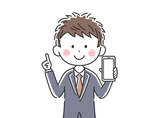 スマートフォンの画面を見せる日本人ビジネスマンのイラスト
