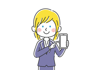Obraz premium スマートフォンの画面を見せる白人ビジネスウーマンのイラスト
