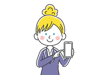 スマートフォンの画面を見せる白人ビジネスウーマンのイラスト