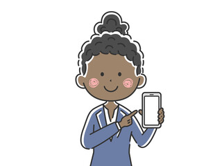 スマートフォンの画面を見せる黒人ビジネスウーマンのイラスト