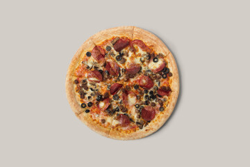 Delicious pizza and ingredients of sausage, bacon and mozzarella on a grey background. Top view of delicious pizza.
