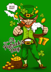 St. patrick's day invitation card. character design for banner or webside, illustration celebration party poster design on green background.