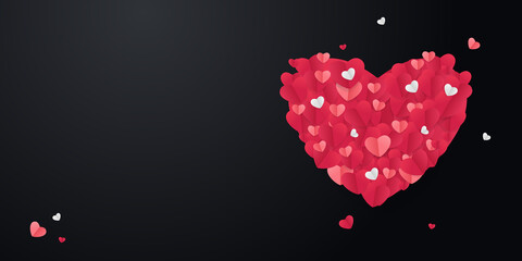 Red, pink and white flying hearts isolated on transparent background. Vector illustration. Paper cut decorations for Valentine's day border or frame design.   