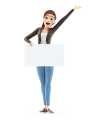 3d happy cartoon woman holding placard