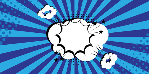Bubble boom blue rays. Speech bubble. Cartoon vector illustration. Pop art style. Stock image. EPS 10.