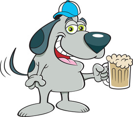 Cartoon illustration of a dog wearing a baseball cap and holding a beer mug.