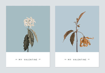Minimalist botanical valentine greeting card template design, Medicinal Kopsia and Cananga odorata