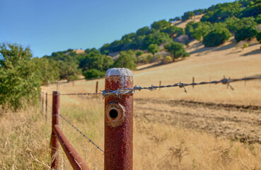 Farm Fence With A Rusty Metal Pole And Barb Wire 
