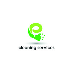 e initial letter combine with broom for cleaning service, house maintenance, repair, housecleaning, logo vector template concept