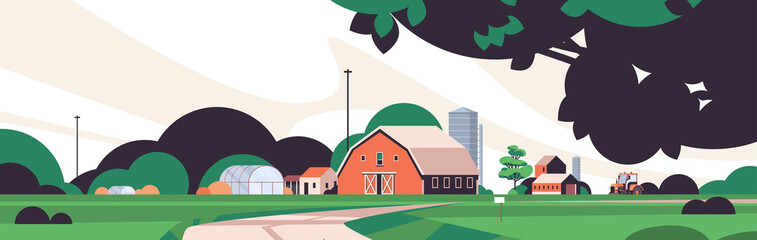farm building house organic eco farming agriculture concept rural farmland countryside landscape horizontal vector illustration
