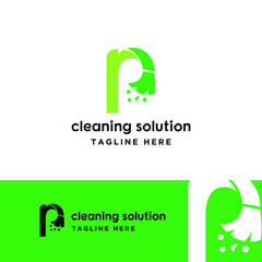 initial letter combine with broom for cleaning service, house maintenance, repair, housecleaning, logo vector template concept