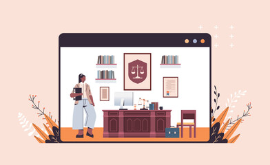 female lawyer standing near at workplace legal law advice and justice concept modern office interior full length horizontal copy space vector illustration