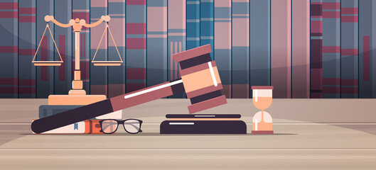 gavel scales and judge book on wooden table legal law advice and justice concept workplace desk horizontal vector illustration © mast3r